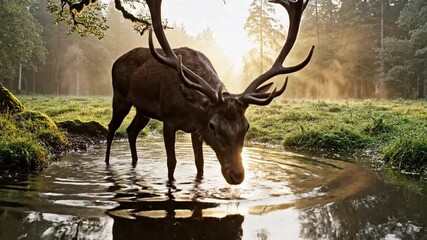 Two stags in a sunlit forest pool, tranquil reflections, misty dawn light, mossy banks. Ferns line!! - Powered by Adobe