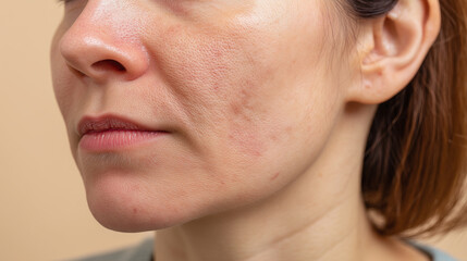 Obraz premium Close up macro of mild redness, scaliness, and acne scars on cheekbone, showing skin texture, pores, and natural complexion in soft lighting