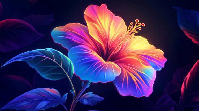 Vibrant hibiscus flower in glowing neon colors, with dark background and foliage