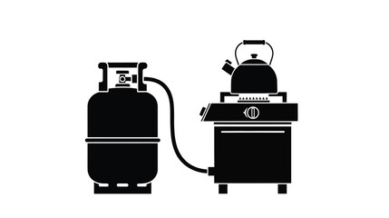 A black and white illustration of a gas tank stove and kettle