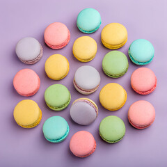 Obraz premium Sweet and colorful Macaroons on the purple background, Top view of the Close Up background.