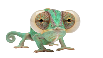 Funny Green Chameleon with Exaggerated Big Googly Eyes isolated PNG with Transparent Background
