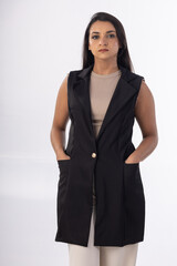 Beautiful woman wearing professional medical healthcare lab coat in studio photography