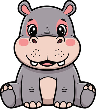 Cartoon Hippo Sitting with Big Smile Face