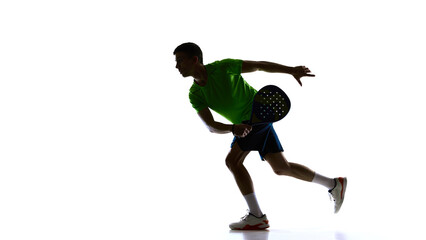 Padel player forward dynamic strike silhouette pose. Concept of sports promotion, coaching posters, technique breakdowns, club branding, competitive athlete development and motivation visuals.