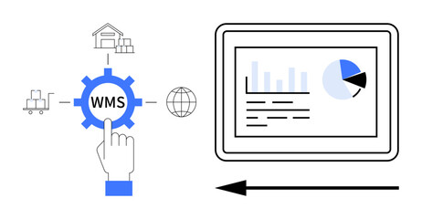 Warehouse management system concept. WMS icons connected to logistics, inventory, and supply chain data. WMS optimizing operations, inventory monitoring, and digital transformation. logistics