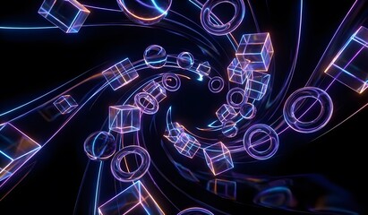 A mesmerizing abstract design featuring glowing geometric shapes swirling in a dark tunnel like space