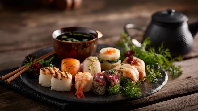 Colorful Japanese sushi and sashimi platter featuring tuna, salmon, shrimp, maki rolls, and soba noodles, served with soy sauce, wasabi, and ginger on a rustic wooden table
