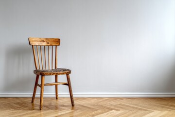 Old wooden chair stands alone against a plain wall.