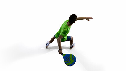 Padel athlete wide lateral reach silhouette in motion. Concept of mobility drill diagrams, footwork improvement sheets, warm-up programs, technique manuals and athletic development course materials.