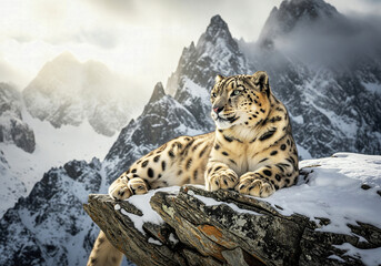 Stunning snow leopard resting on a snowy rock outcrop with dramatic, misty mountain peaks in the background
