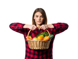 Woman in plaid shirt holds basket of fresh vegetables for healthy eating promotional.