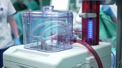 Close-up of a clear medical machine with tubing in an operating room with a surgical team in green uniforms and soft lighting.
