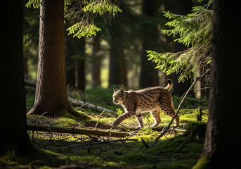 Eurasian lynx walking through a dark forest, illuminated by a shaft of bright sunlight
