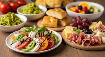 Artistic Food Composition Featuring Fresh Mozzarella Tomatoes Pesto Pasta Focaccia Bread Fruits and Cured Ham Served on Wooden Table for Gourmet Dining Display