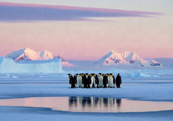 Huddle of Emperor Penguins standing on sea ice under a pink and purple Antarctic sunset