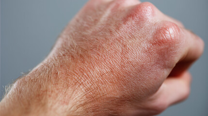 Fototapeta premium Macro shot of natural human skin on back of hand, showing visible pores, fine hair, and texture, with neutral background and healthy appearance
