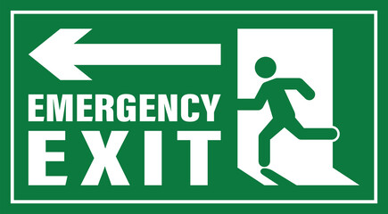 Emergency exit text. Left arrow emergency exit sign. Green emergency exit signboard. Emergency exit vector art. Left-side emergency exit label.