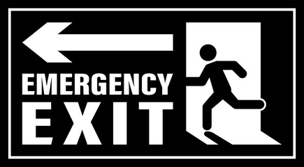 Emergency exit text. Left arrow emergency exit silhouette. Left-side emergency exit signboard silhouette. Emergency exit vector art transparent png.