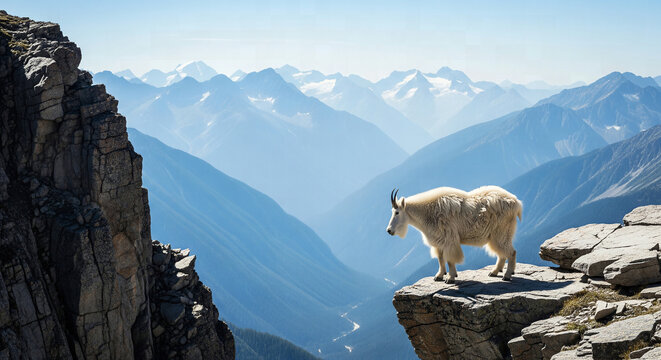 Mountain goat standing on a high rocky cliff overlooking sweeping, misty blue valleys