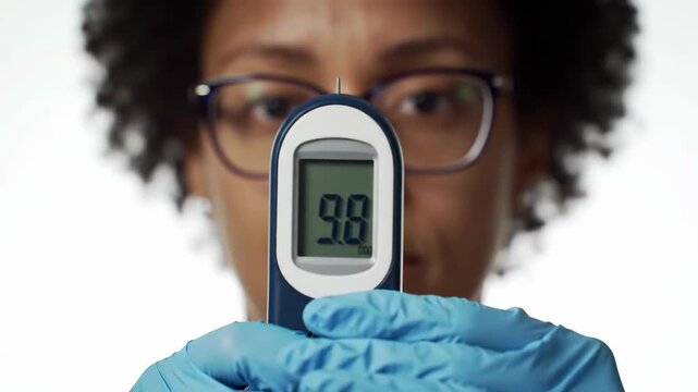Close-up of an African American woman holding a digital glucometer to check her blood sugar level while wearing blue gloves against a white background.