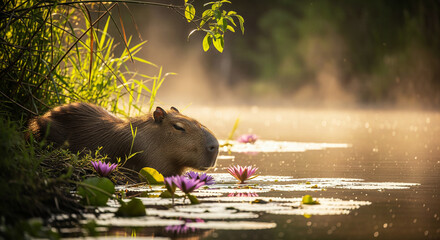 Capybara resting by the water's edge amidst pink water lilies in the morning mist