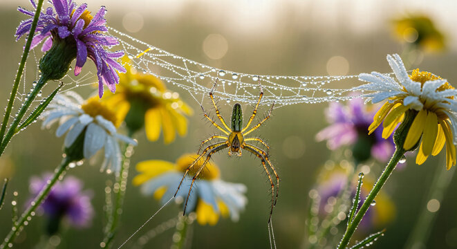 Spider suspended on a dew-covered web between purple and yellow wildflowers in a meadow - Powered by Adobe