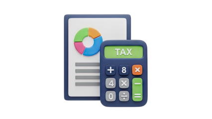 Digital Calculator Showing TAX Function Beside Pie Chart Document Representing Financial Data and Analytics Isolated on Transparent Background
