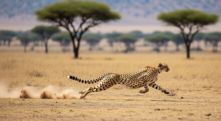 Cheetah running at full speed, kicking up dust on the dry African savannah