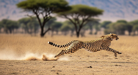 Cheetah sprinting across the dry African plain, leaving a trail of kicked-up dust