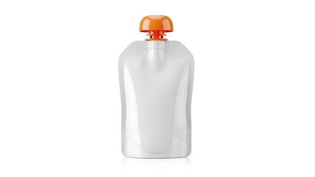 Blank White Squeeze Pouch with Orange Cap Isolated on White Background.