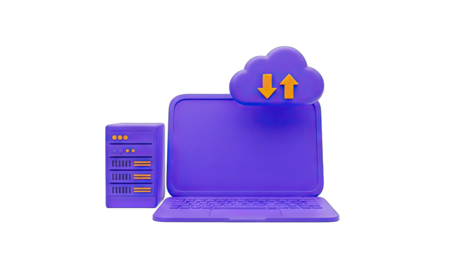 Digital Cloud Data Storage Service With Laptop Server And Upload Download Arrows On Transparent Background Purple Color Scheme - Powered by Adobe
