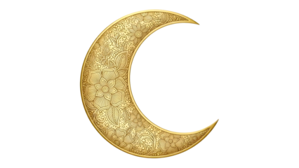 Ornate golden crescent moon with detailed floral and mandala-inspired decoration against a dark backdrop