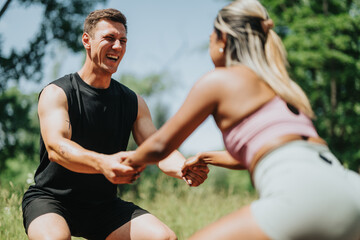 Happy couple working out together in nature, holding hands and staying active outdoors.