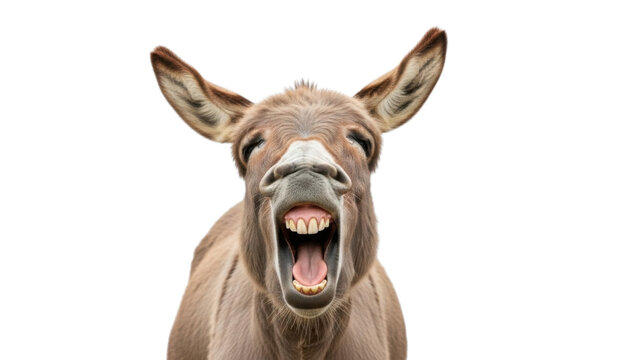 Funny Close-up Donkey Braying with Mouth Wide Open Showing Teeth isolated PNG with Transparent Background