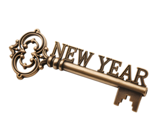 Key to New Year: An ornate golden key, symbolizing new beginnings and opportunities. This elegant key with the words NEW YEAR etched upon it represents fresh starts.
