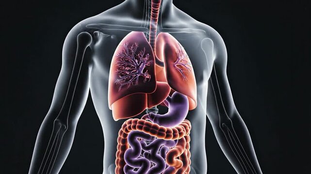3D human anatomy illustration with a transparent body, highlighting respiratory and digestive systems on a dark background, designed as a sleek, high-detail 4K HD video