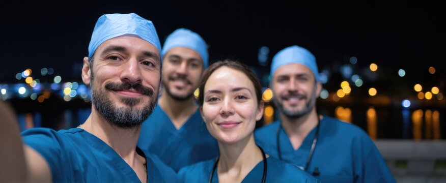 Health pros snapping a selfie to mark a successful night shift