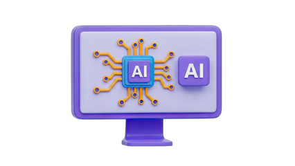 Digital Computer Monitor Displaying Artificial Intelligence Chip and AI Icon on Transparent Background Futuristic Technology Concept