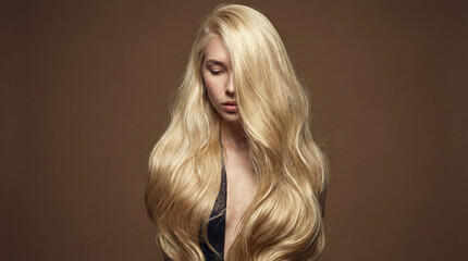 Naklejka premium A beautiful blonde woman with exceptionally long, voluminous, and healthy hair, gracefully draped over her shoulders, looks down thoughtfully