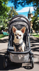 A tiny Chihuahua sits comfortably in a fashionable dog stroller with a mesh cover, enjoying a sunny day outdoors. The vibrant park setting adds to the joyful atmosphere