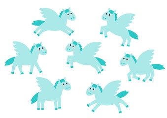かわいい水色ペガサスのいろいろなポーズセット