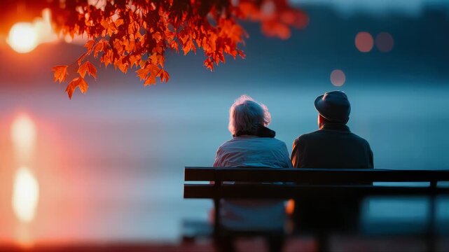 Elderly couple sitting on a bench at night, illuminated by a surreal glowing tree in a dreamlike, atmospheric scene