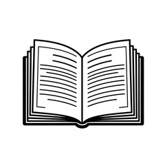 Black and white line art illustration of an open book with visible pages and text lines.