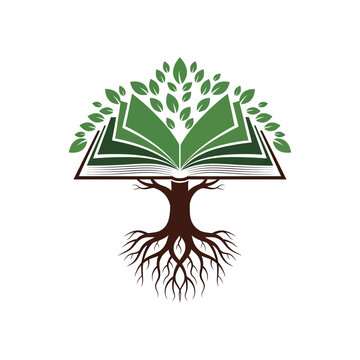 A stylized logo featuring a tree with an open book as its leafy canopy and visible roots, symbolizing knowledge and growth.