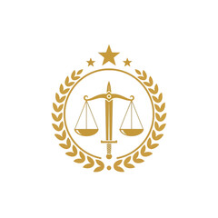 Golden emblem of justice with scales, sword, star, and laurel wreath on a white background.