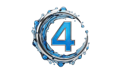 Number 4 Surrounded by Water Splash on White Background