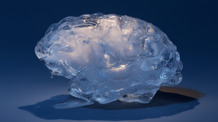transience. Hyper-realistic brain sculpture crafted from fragile translucent ice, melting under spotlights into dark puddles. product launch decks.