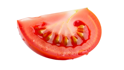 A single slice of red tomato showing the internal seeds and pulp on a black background