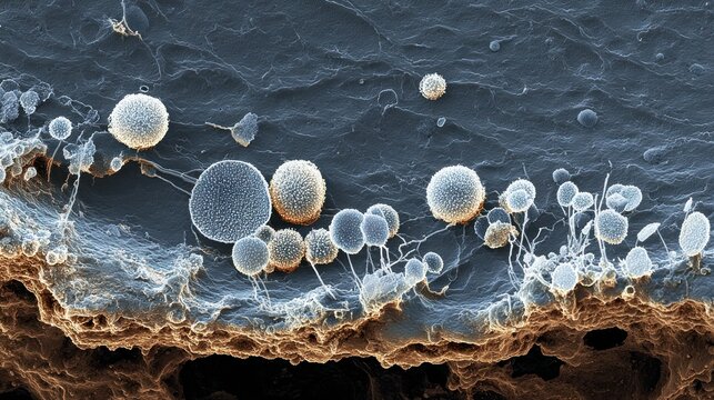 Close-up microscopic view of clustered cells on a textured, uneven surface